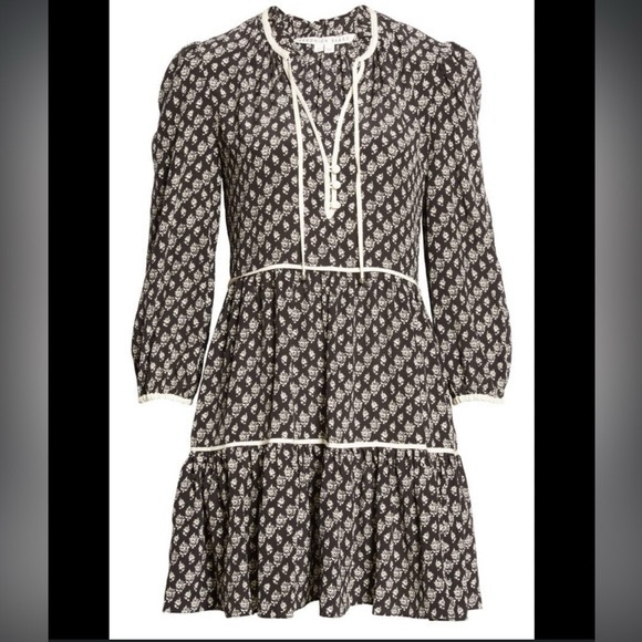 Veronica Beard. Hawken Floral Silk Tiered Dress. Black & White Floral. Size 8.